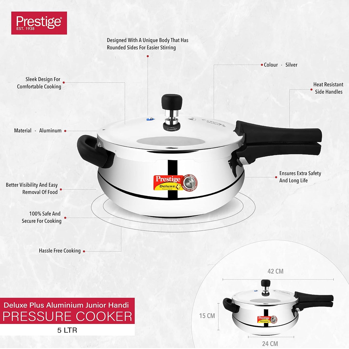 Prestige Deluxe Plus Induction Base Aluminium Outer Lid Pressure Handi, Silver,