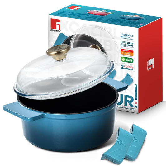 Bergner Excalibur 16cm Cast Iron Dutch Oven | with Glass Lid Blue