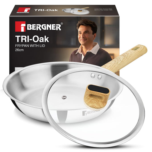 Bergner Tri-Oak Triply Stainless Steel Fry Pan 26cm with Lid | Induction & Gas Ready