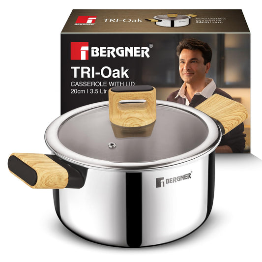 Bergner Tri-Oak Triply Stainless Steel Casserole 20cm (3.5L) with Glass Lid | Induction & Gas Compatible