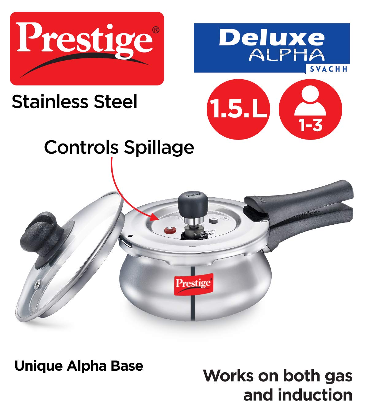 Prestige Deluxe Alpha Svachh Stainless Steel Outer Lid Pressure Cooker 1.5 Liter With Glass Lid(With Deep Lid For Spillage Control)