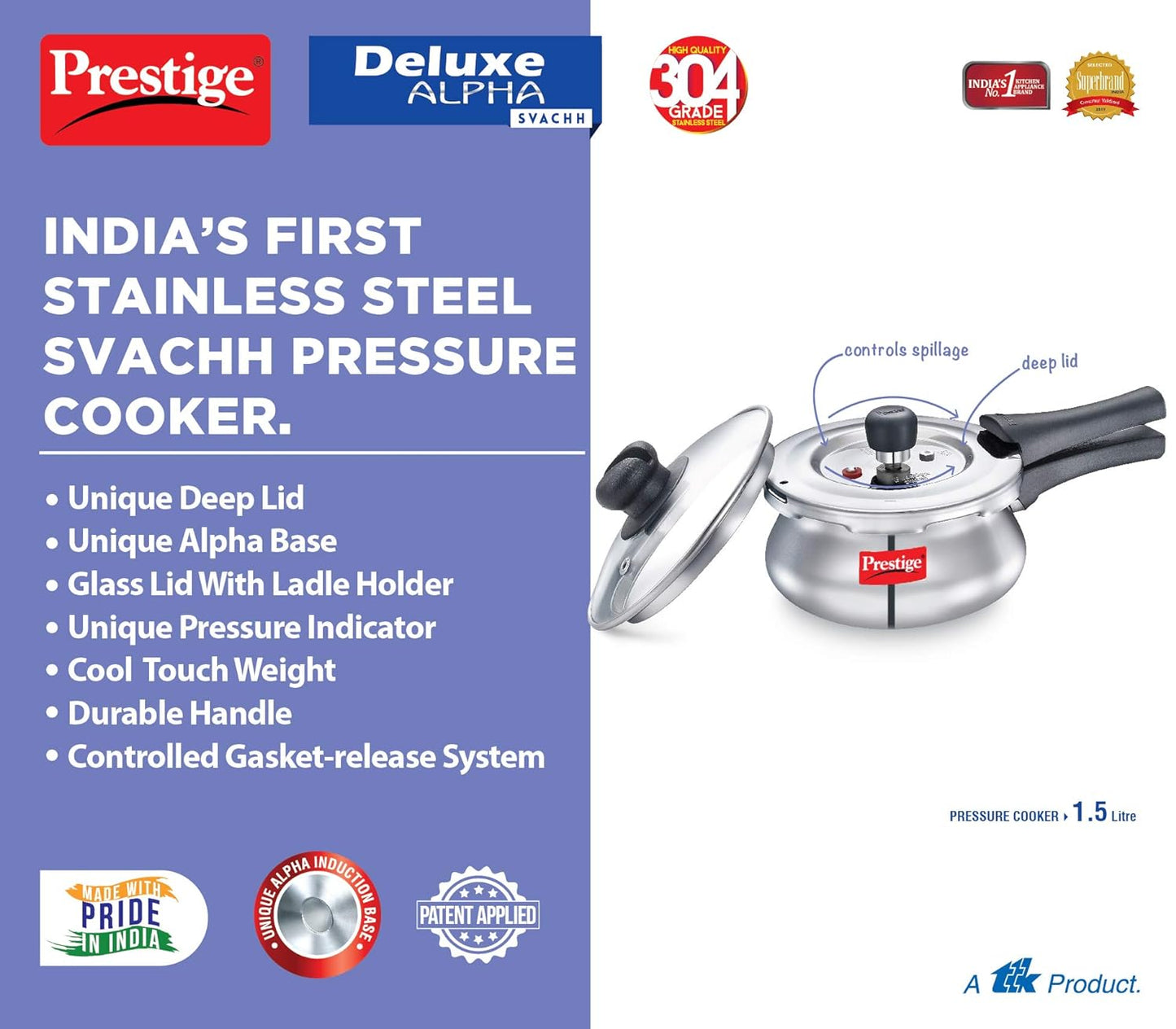 Prestige Deluxe Alpha Svachh Stainless Steel Outer Lid Pressure Cooker 1.5 Liter With Glass Lid(With Deep Lid For Spillage Control)