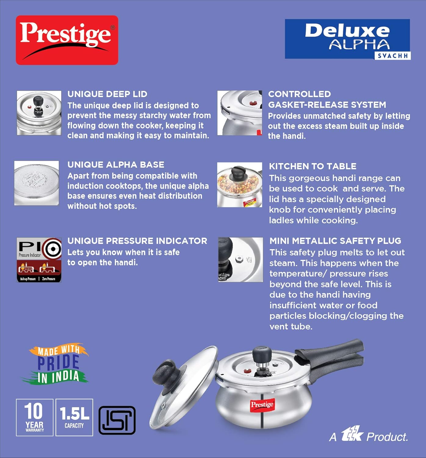 Prestige Deluxe Alpha Svachh Stainless Steel Outer Lid Pressure Cooker 1.5 Liter With Glass Lid(With Deep Lid For Spillage Control)