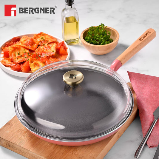 Bergner Excalibur 28cm Cast Iron Frypan with Lid | Non-Stick Pink Skillet
