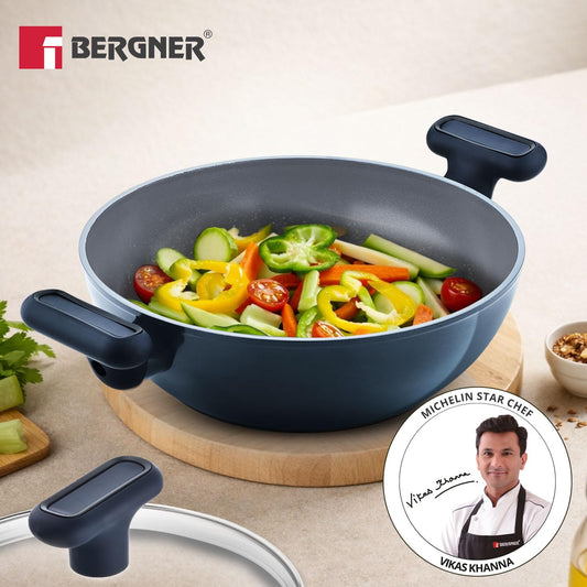Bergner Jade Ceramic Non-Stick Kadai 20cm (1.2L) with Glass Lid | Forged Aluminium
