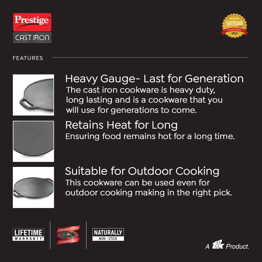 Prestige 30 cm Cast Iron Dosa Tawa|Super Durable(Lasts for Generation)|Retains Heat for Long|10 Years Warranty