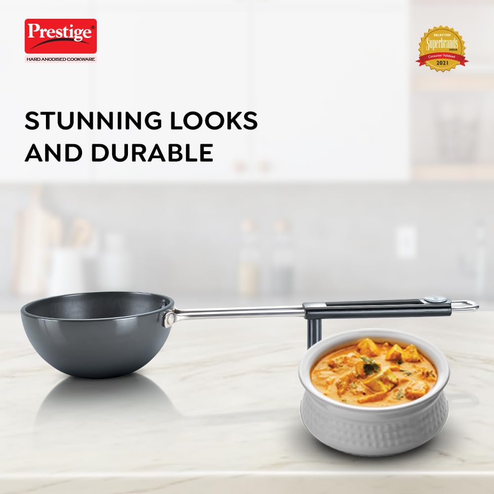Prestige Hard Anodised Cookware Tadka Pan | Black | | Perma Cool Bakelite Handle | in-Built Stand | Metal Spoon Friendly