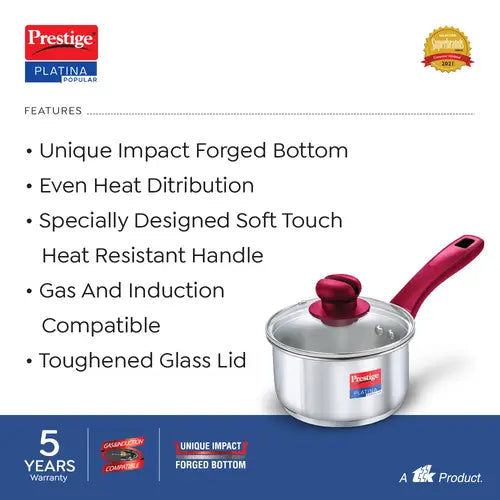 Prestige Platina Popular Stainless Steel Unique Impact Forged Bottom Sauce Pan with Glass Lid,