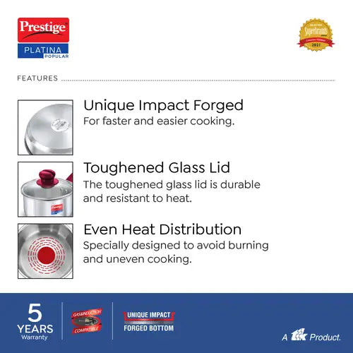 Prestige Platina Popular Stainless Steel Unique Impact Forged Bottom Sauce Pan with Glass Lid,