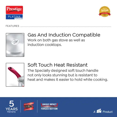 Prestige Platina Popular Stainless Steel Unique Impact Forged Bottom Sauce Pan with Glass Lid,