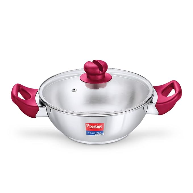 Prestige Platina Popular Stainless Steel Unique Impact Forged Bottom Kadai with Toughened Glass Lid(Silver)