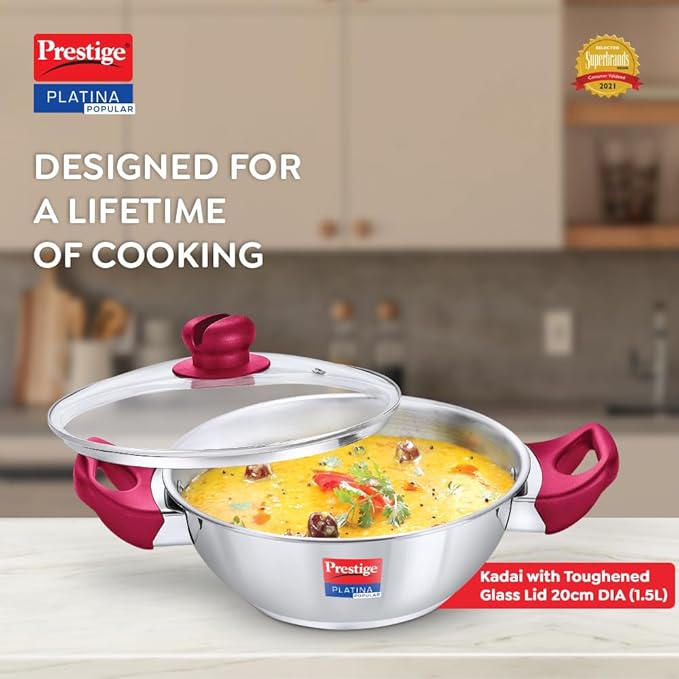 Prestige Platina Popular Stainless Steel Unique Impact Forged Bottom Kadai with Toughened Glass Lid(Silver)
