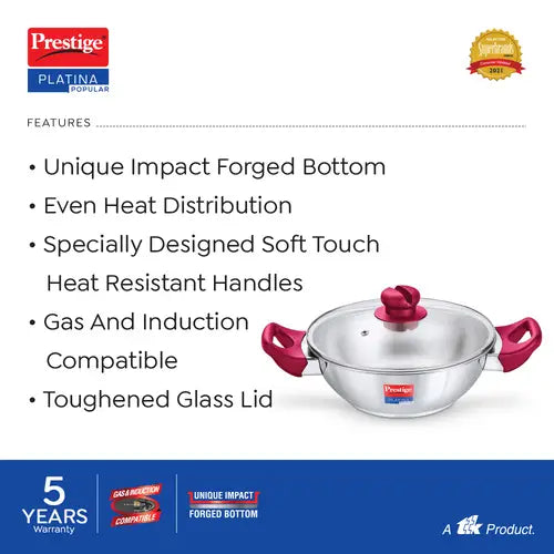 Prestige Platina Popular Stainless Steel Unique Impact Forged Bottom Kadai with Toughened Glass Lid(Silver)