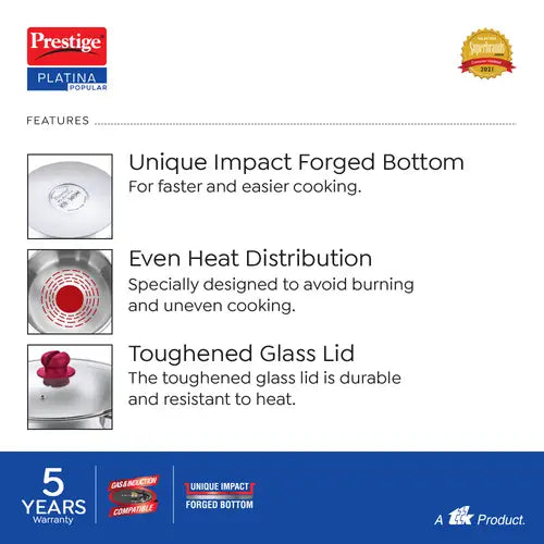 Prestige Platina Popular Stainless Steel Unique Impact Forged Bottom Kadai with Toughened Glass Lid(Silver)