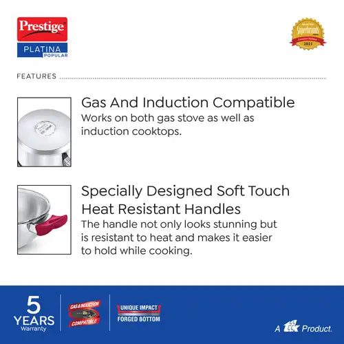 Prestige Platina Popular Stainless Steel Unique Impact Forged Bottom Kadai with Toughened Glass Lid(Silver)