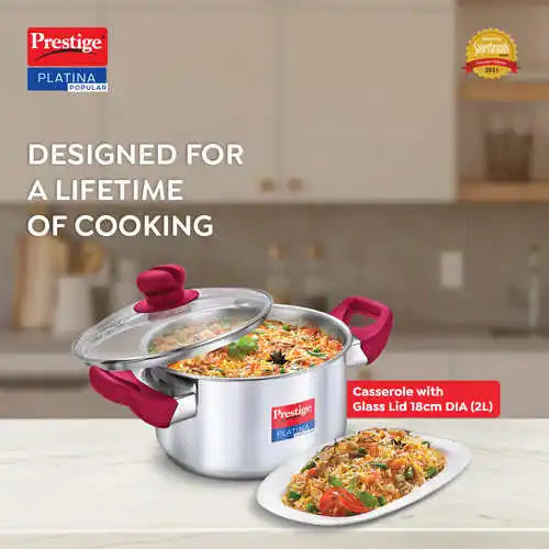 Prestige Platina Popular Stainless Steel Unique Impact Forged Bottom Casserole with Glass Lid, (Silver)