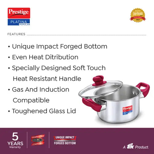 Prestige Platina Popular Stainless Steel Unique Impact Forged Bottom Casserole with Glass Lid,  (Silver)