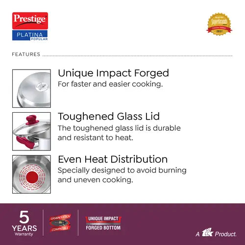 Prestige Platina Popular Stainless Steel Unique Impact Forged Bottom Casserole with Glass Lid,  (Silver)