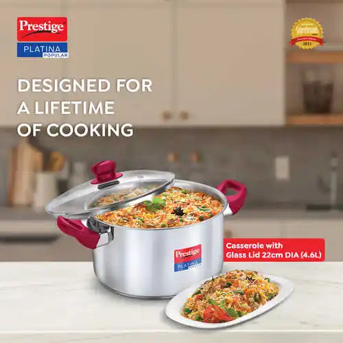 Prestige Platina Popular Stainless Steel Unique Impact Forged Bottom Casserole with Glass Lid,  (Silver)