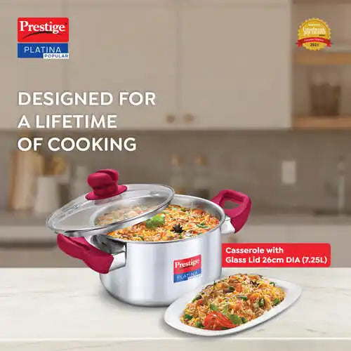 Prestige Platina Popular Stainless Steel Unique Impact Forged Bottom Casserole with Glass Lid,  (Silver)