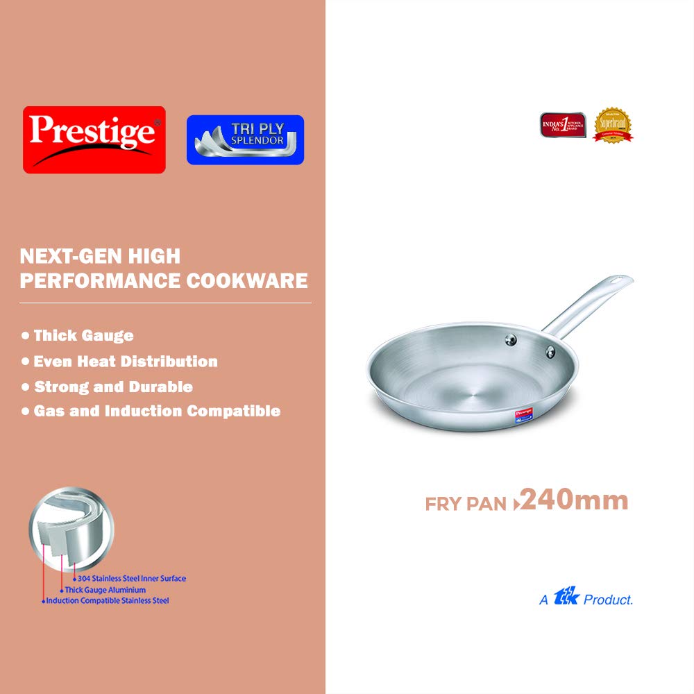Prestige Tri-Ply Stainless Steel Splendor Fry Pan| Gas & Induction Compatible| Even Heat Distribution| Strong and Durable| Thick Gauge
