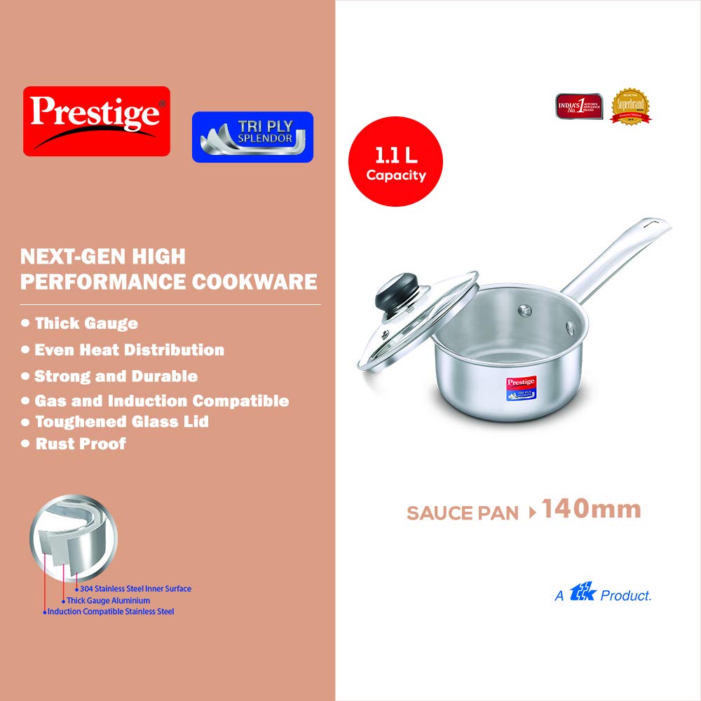 Prestige Tri-Ply Stainless Steel Splendor Sauce Pan with Glass Lid|Gas and Induction Compatible| Even Heat Distribution|Strong and Durable| Perma-Cool Handles