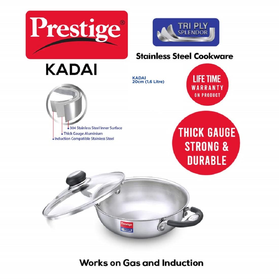Prestige Tri-Ply Stainless Steel Splendor Kadai with Lid| Gas & Induction Compatible| Even Heat Distribution| Strong and Durable| Perma-Cool Handles