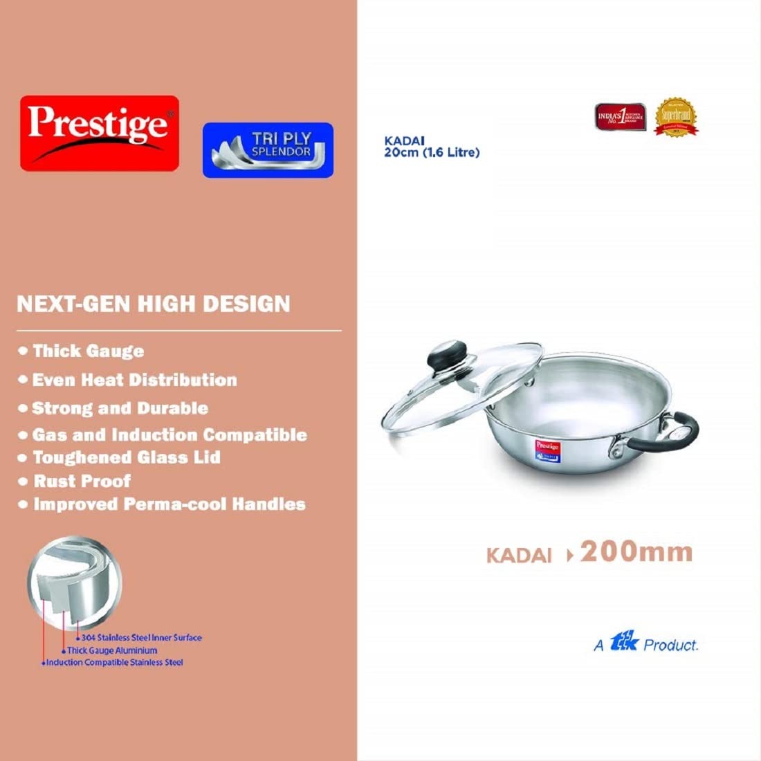 Prestige Tri-Ply Stainless Steel Splendor Kadai with Lid| Gas & Induction Compatible| Even Heat Distribution| Strong and Durable| Perma-Cool Handles