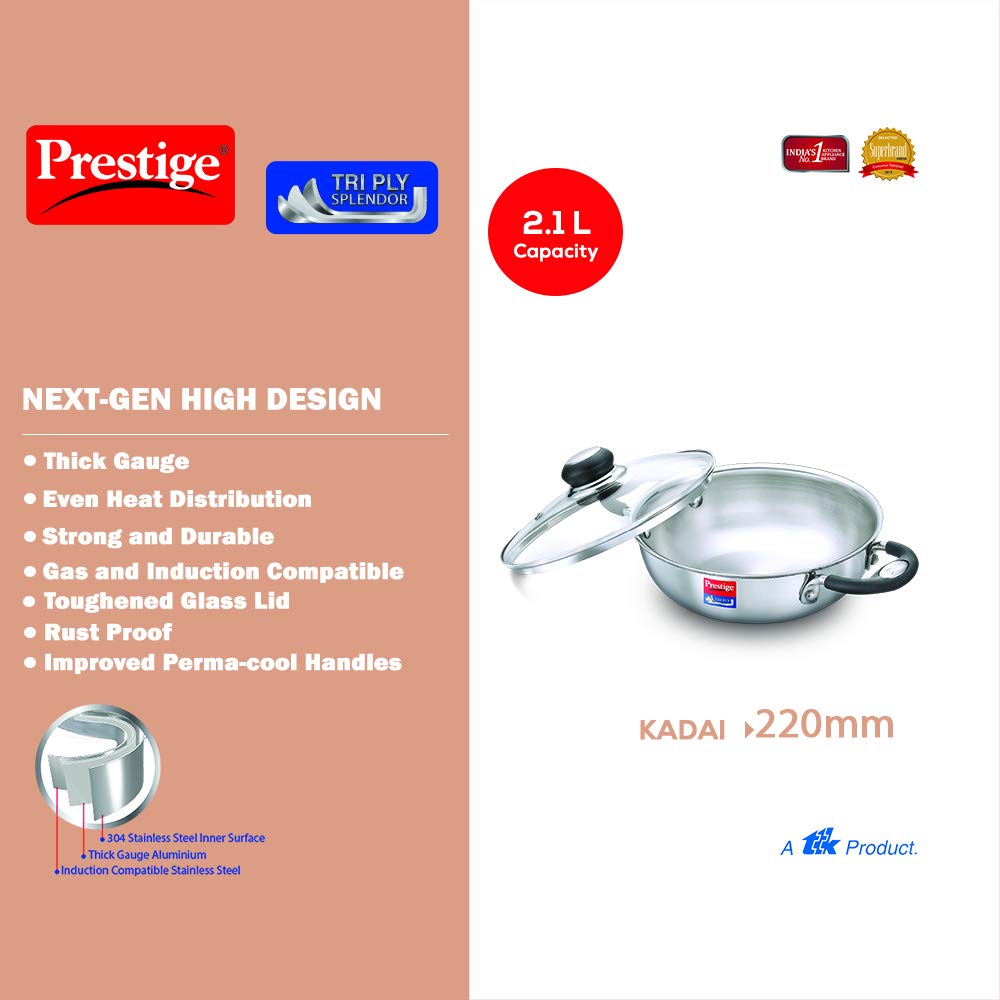 Prestige Tri-Ply Stainless Steel Splendor Kadai with Lid| Gas & Induction Compatible| Even Heat Distribution| Strong and Durable| Perma-Cool Handles