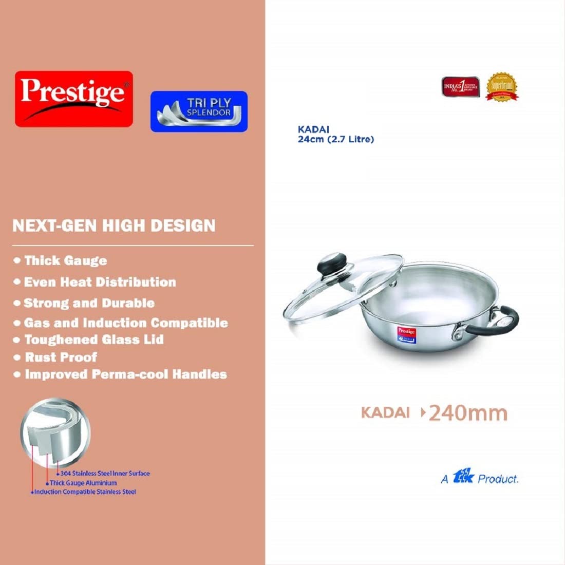 Prestige Tri-Ply Stainless Steel Splendor Kadai with Lid| Gas & Induction Compatible| Even Heat Distribution| Strong and Durable| Perma-Cool Handles