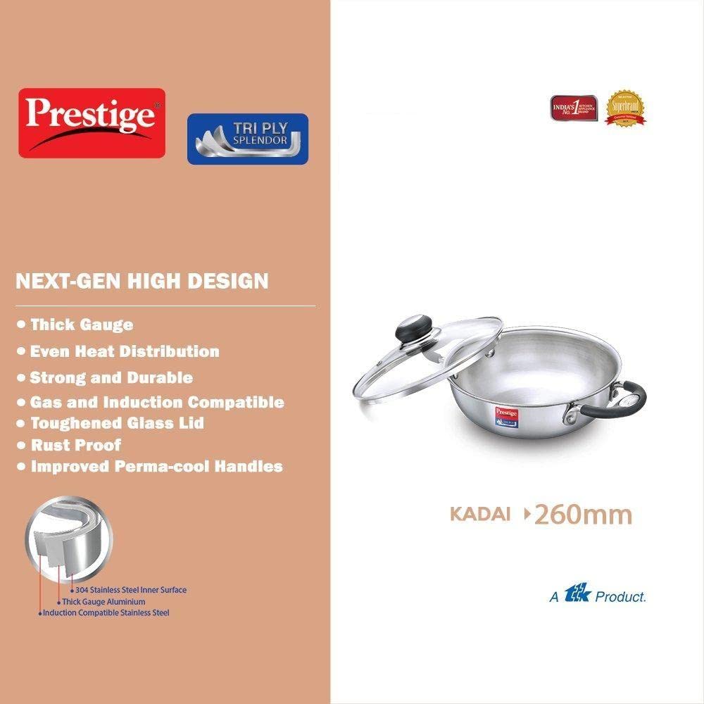 Prestige Tri-Ply Stainless Steel Splendor Kadai with Lid| Gas & Induction Compatible| Even Heat Distribution| Strong and Durable| Perma-Cool Handles