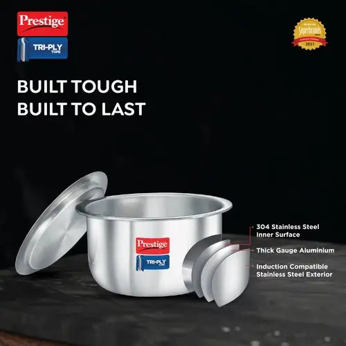 Prestige  Tri-Ply Stainless Steel Tope with Lid|Gas and Induction Compatible| Even Heat Distribution|Strong and Durable| 5 Years Warranty