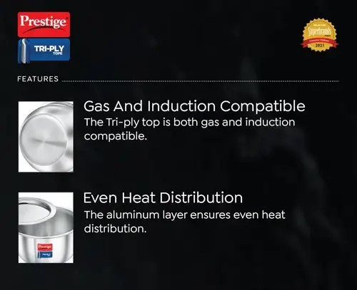 Prestige  Tri-Ply Stainless Steel Tope with Lid|Gas and Induction Compatible| Even Heat Distribution|Strong and Durable| 5 Years Warranty
