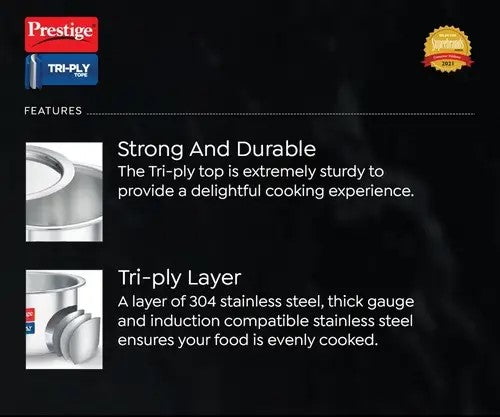 Prestige  Tri-Ply Stainless Steel Tope with Lid|Gas and Induction Compatible| Even Heat Distribution|Strong and Durable| 5 Years Warranty