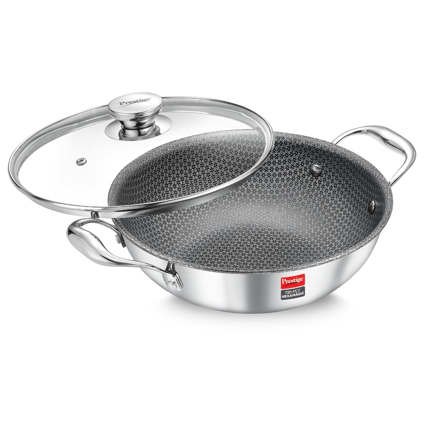 Prestige Tri-Ply Stainless Steel Hexamagic Kadai with Lid| Honeycomb Structure|Durability of Triply|Metal Spoon Friendly|Gas & Induction Compatible|Dishwasher Safe|Low Oil Consumption|Grey