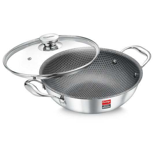 Prestige Tri-Ply Stainless Steel Hexamagic Kadai with Lid| Honeycomb Structure|Durability of Triply|Metal Spoon Friendly|Gas & Induction Compatible|Dishwasher Safe|Low Oil Consumption|Grey