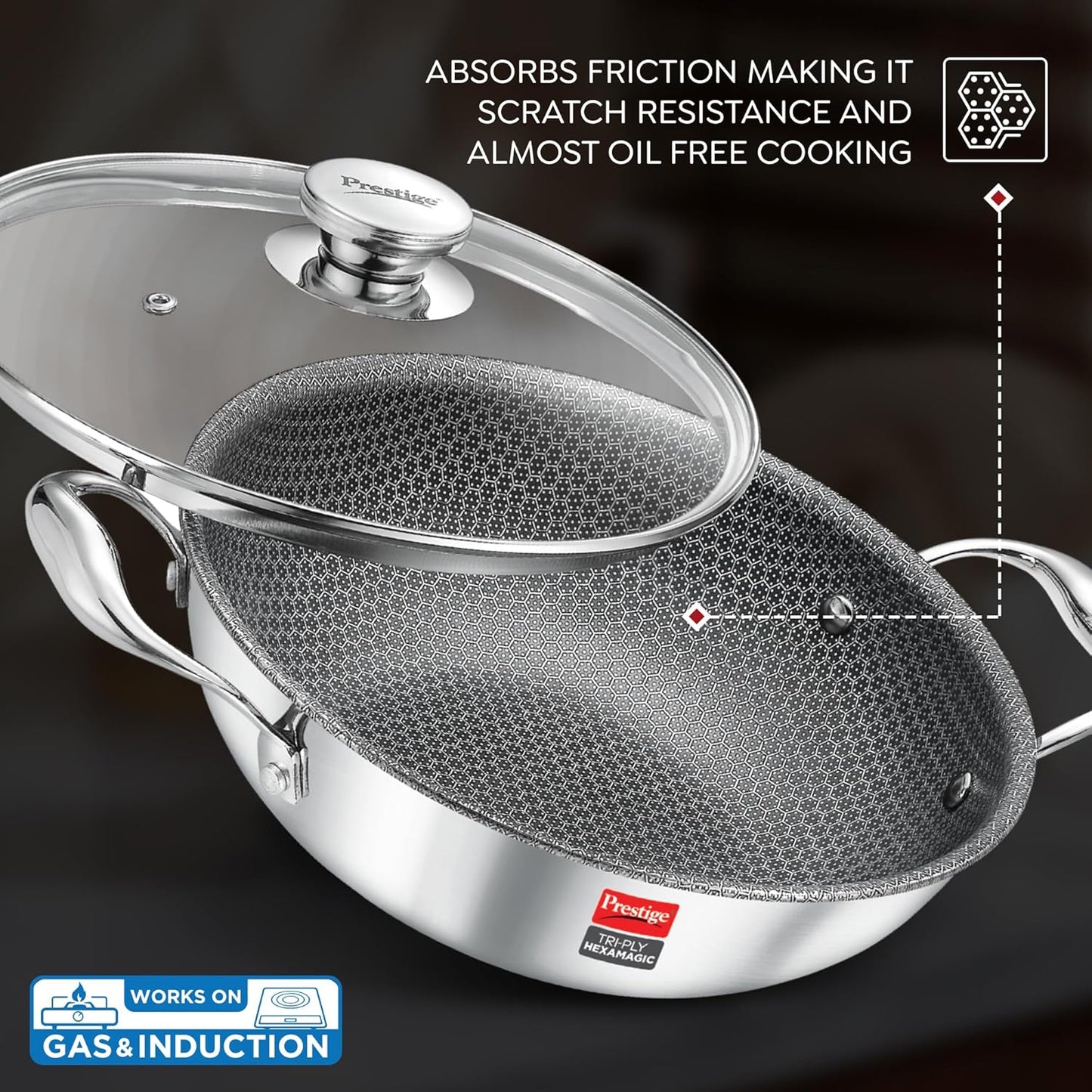 Prestige Tri-Ply Stainless Steel Hexamagic Kadai with Lid| Honeycomb Structure|Durability of Triply|Metal Spoon Friendly|Gas & Induction Compatible|Dishwasher Safe|Low Oil Consumption|Grey