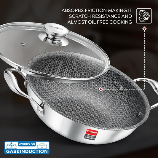 Prestige Tri-Ply Stainless Steel Hexamagic Kadai with Lid| Honeycomb Structure|Durability of Triply|Metal Spoon Friendly|Gas & Induction Compatible|Dishwasher Safe|Low Oil Consumption|Grey