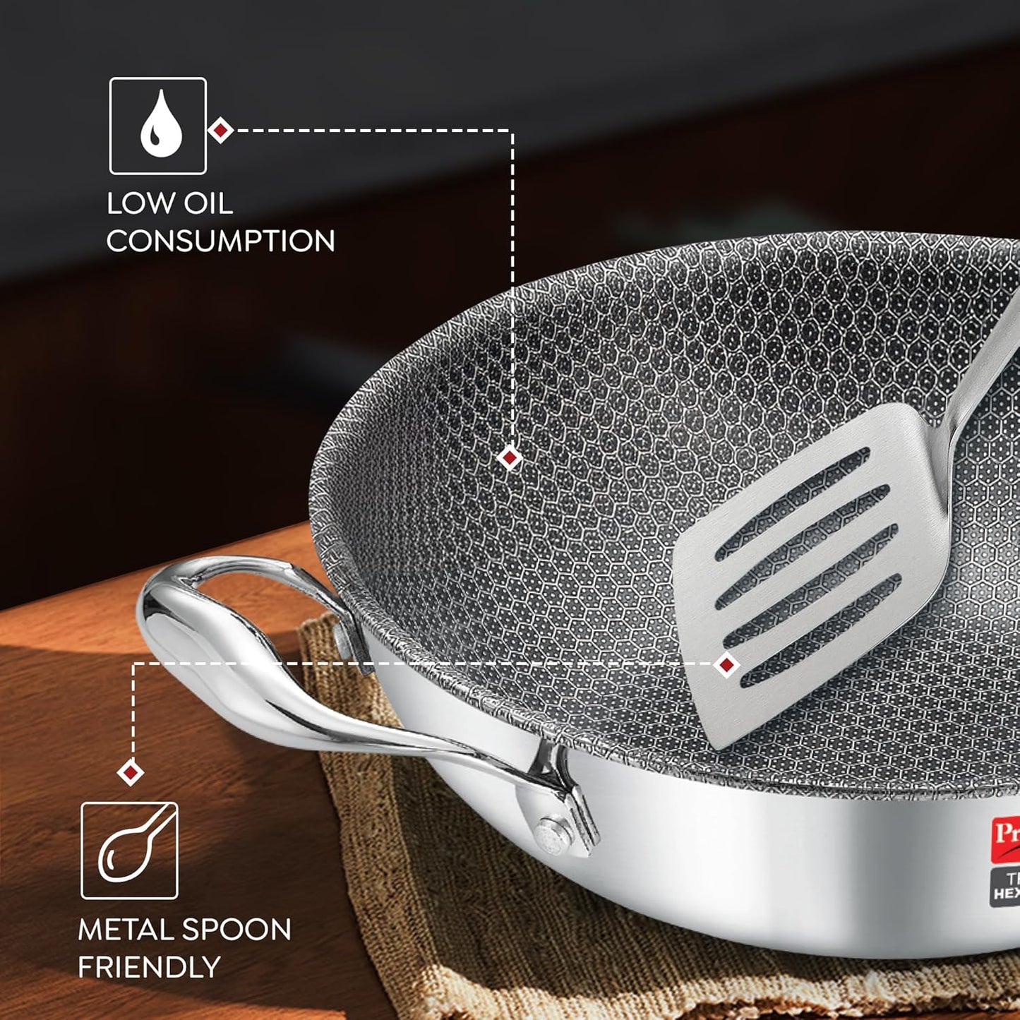 Prestige Tri-Ply Stainless Steel Hexamagic Kadai with Lid| Honeycomb Structure|Durability of Triply|Metal Spoon Friendly|Gas & Induction Compatible|Dishwasher Safe|Low Oil Consumption|Grey