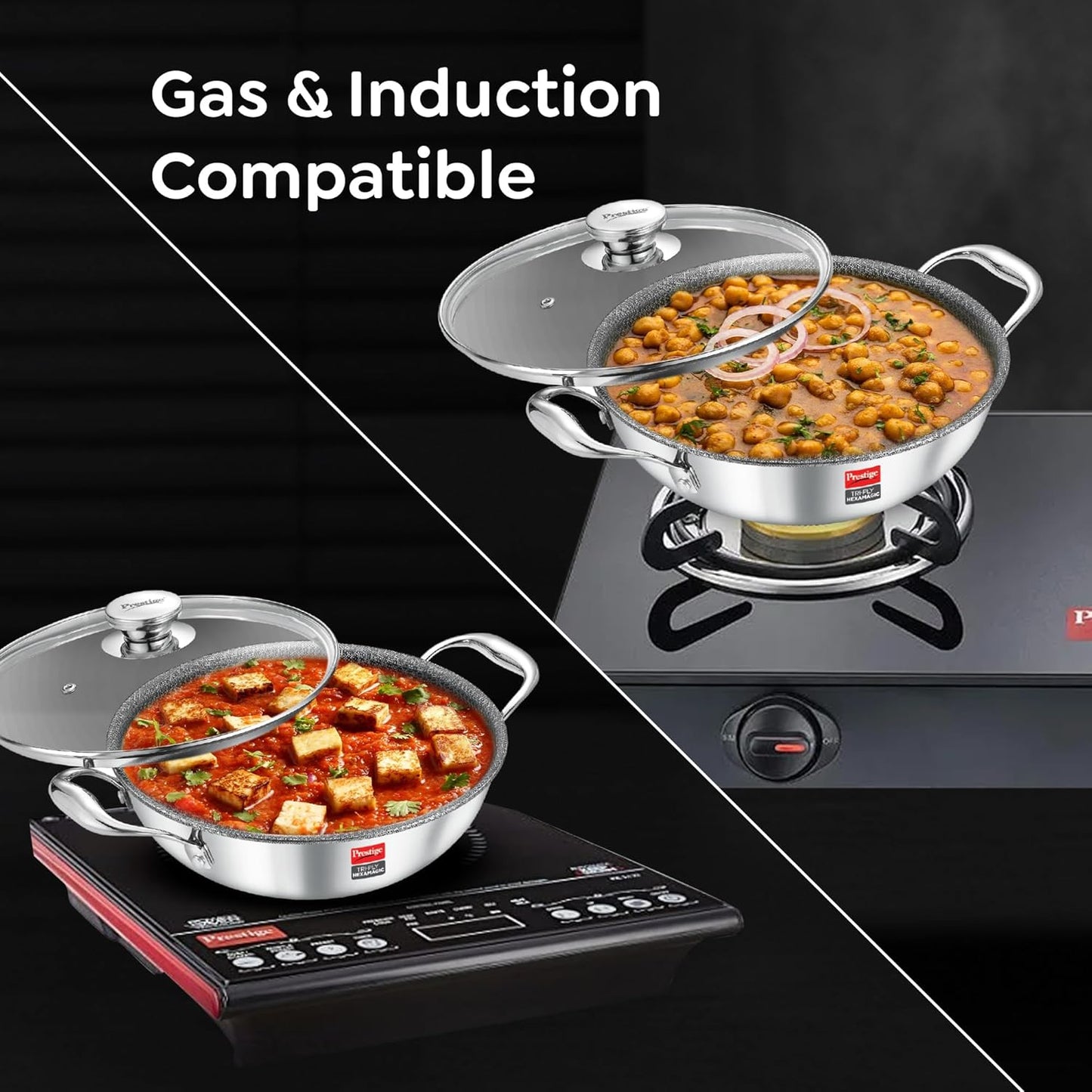 Prestige Tri-Ply Stainless Steel Hexamagic Kadai with Lid| Honeycomb Structure|Durability of Triply|Metal Spoon Friendly|Gas & Induction Compatible|Dishwasher Safe|Low Oil Consumption|Grey