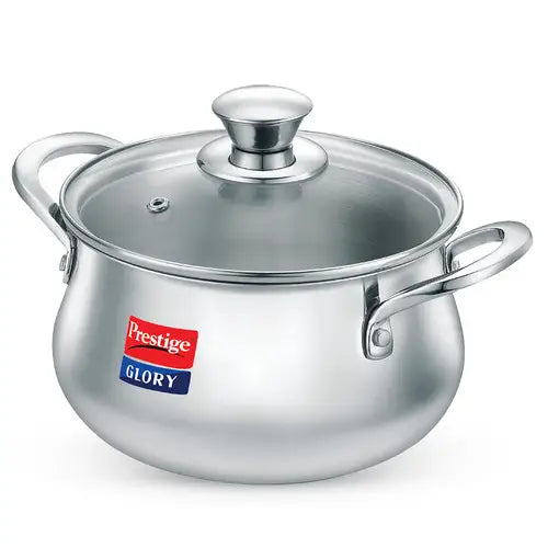 Prestige Glory Stainless Steel Handi(18cm,3L) with Glass Lid|Unique tri-ply Bottom|Oven (OTG Safe)|5 Years Warranty