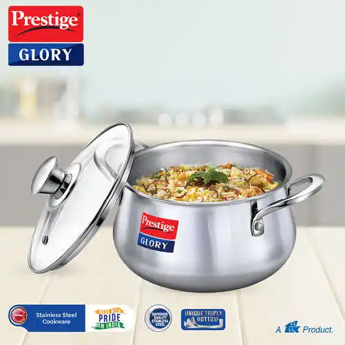 Prestige Glory Stainless Steel Handi(18cm,3L) with Glass Lid|Unique tri-ply Bottom|Oven (OTG Safe)|5 Years Warranty