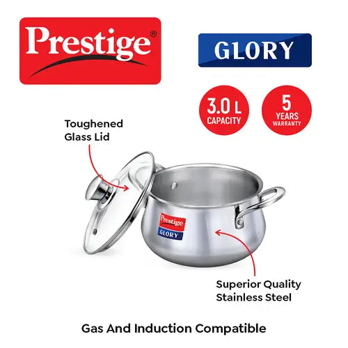 Prestige Glory Stainless Steel Handi(18cm,3L) with Glass Lid|Unique tri-ply Bottom|Oven (OTG Safe)|5 Years Warranty