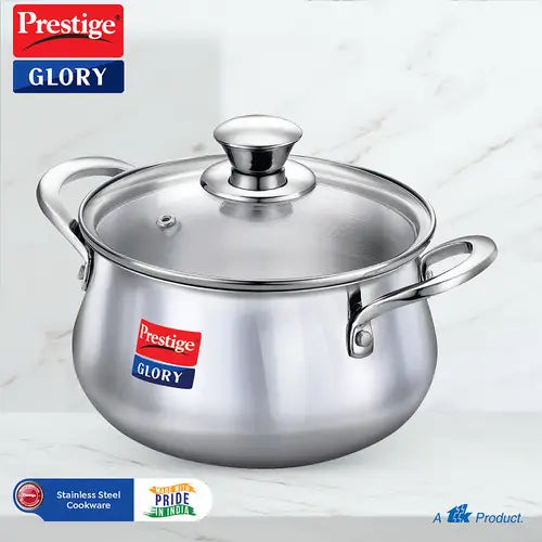 Prestige Glory Stainless Steel Handi(18cm,3L) with Glass Lid|Unique tri-ply Bottom|Oven (OTG Safe)|5 Years Warranty