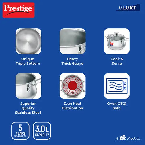 Prestige Glory Stainless Steel Handi(18cm,3L) with Glass Lid|Unique tri-ply Bottom|Oven (OTG Safe)|5 Years Warranty