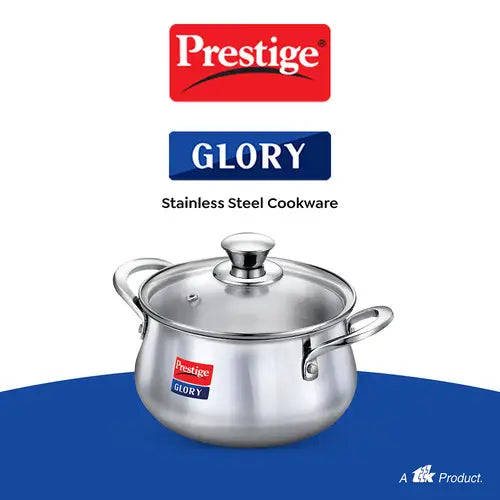 Prestige Glory Stainless Steel Handi(18cm,3L) with Glass Lid|Unique tri-ply Bottom|Oven (OTG Safe)|5 Years Warranty