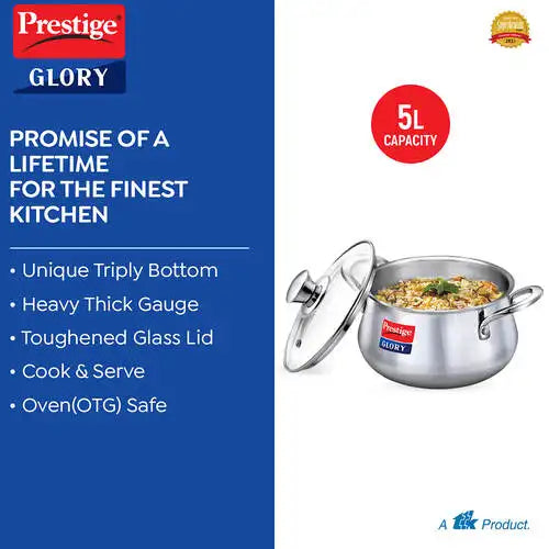 Prestige Glory Stainless Steel Handi(18cm,3L) with Glass Lid|Unique tri-ply Bottom|Oven (OTG Safe)|5 Years Warranty