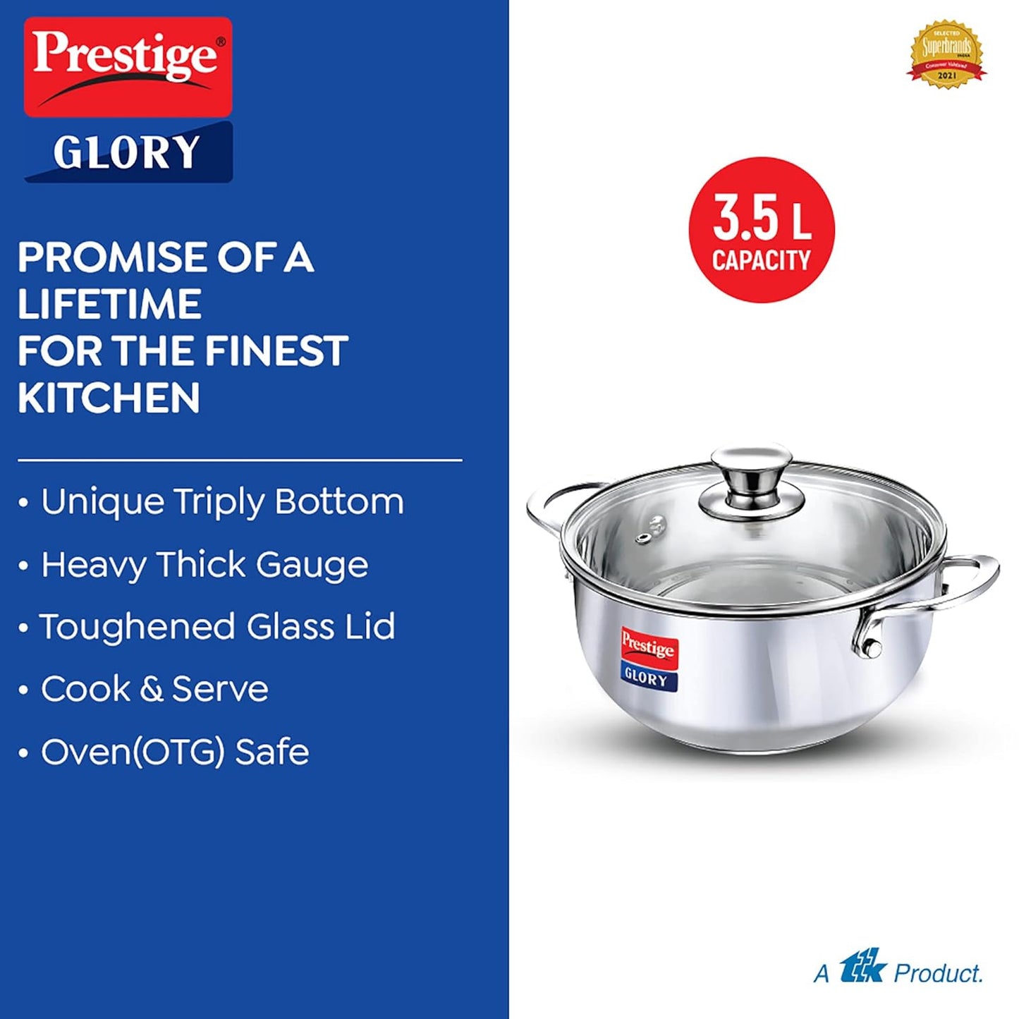 Prestige Glory Stainless Steel Cookware Kadai 22 Cm / 3.5 Liter with Glass Lid