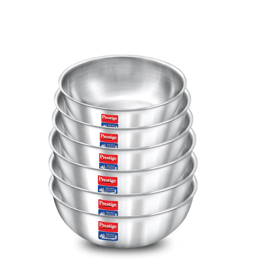 Prestige 6-Piece Tri-Ply Stainless Steel Tasla Kadai Set with Free Pakkad|Gas & Induction Compatible|Even Heat Distribution| Durable Rust-Proof Interior| Space Saving Design