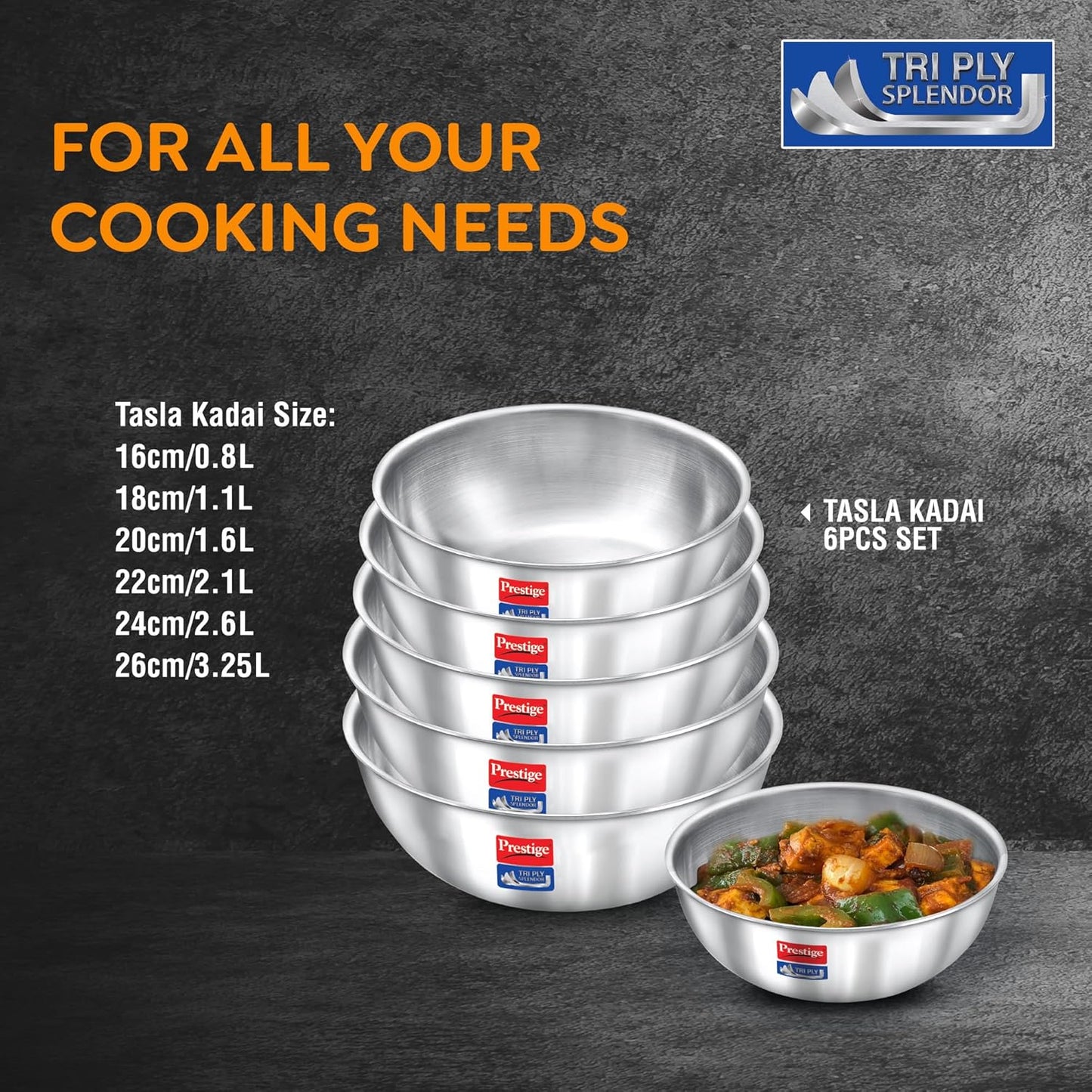 Prestige 6-Piece Tri-Ply Stainless Steel Tasla Kadai Set with Free Pakkad|Gas & Induction Compatible|Even Heat Distribution| Durable Rust-Proof Interior| Space Saving Design